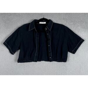 Lartigent Cropped Shirt Top Womens One Size Black Button Up Casual Short Sleeve